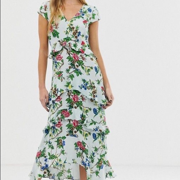 ASOS Warehouse midi dress with ruffles in floral print - Picture 3 of 10